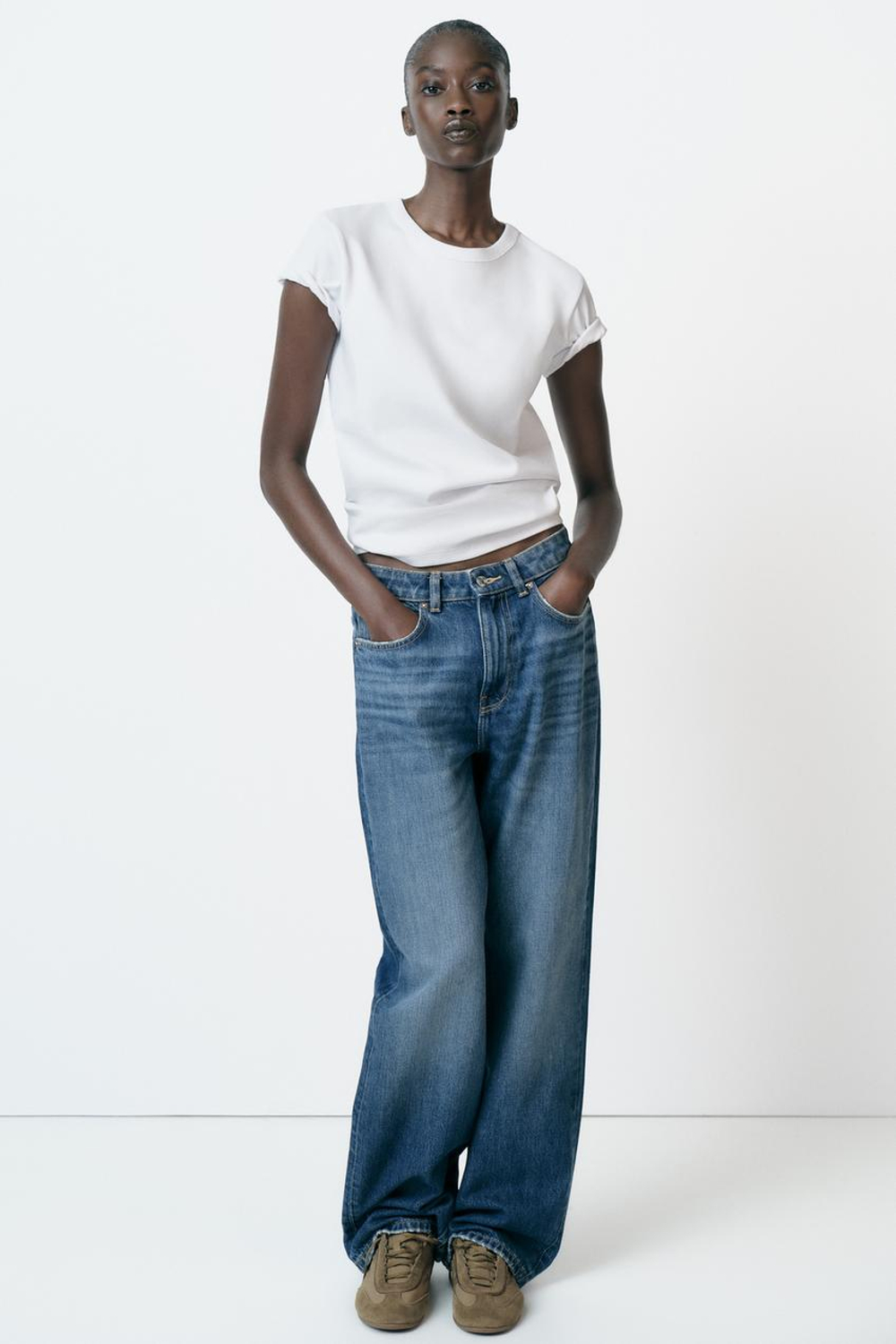 ZARA ФУТБОЛКА INTERLOCK С КОРОТКИМ РУКАВОМ, БЕЛЫЙ