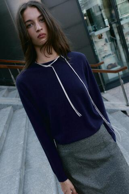 ZARA ДЖЕМПЕР ИЗ 100% КАШЕМИРА С ДЛИННЫМИ РУКАВАМИ, ЧЕРНИЛЬНО-СИНИЙ