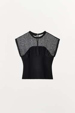 ZARA КОМБИНИРОВАННЫЙ ТРИКОТАЖНЫЙ ТОП, ЧЕРНЫЙ