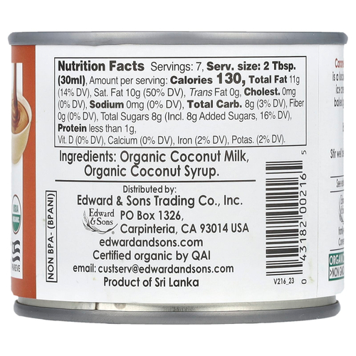 Edward & Sons, Let's Do Organic®, сгущённое кокосовое молоко с сахаром, карамель, 210 г (7,4 унции)