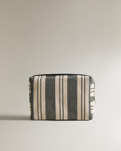 ZARA HOME ХЛОПКОВАЯ ВОДОНЕПРОНИЦАЕМАЯ КОСМЕТИЧКА В ПОЛОСКУ, ЧЕРНЫЙ