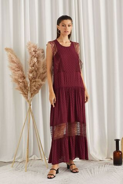 Летнее платье с вставками из кружева (Размер: L) (Цвет: бордовый)