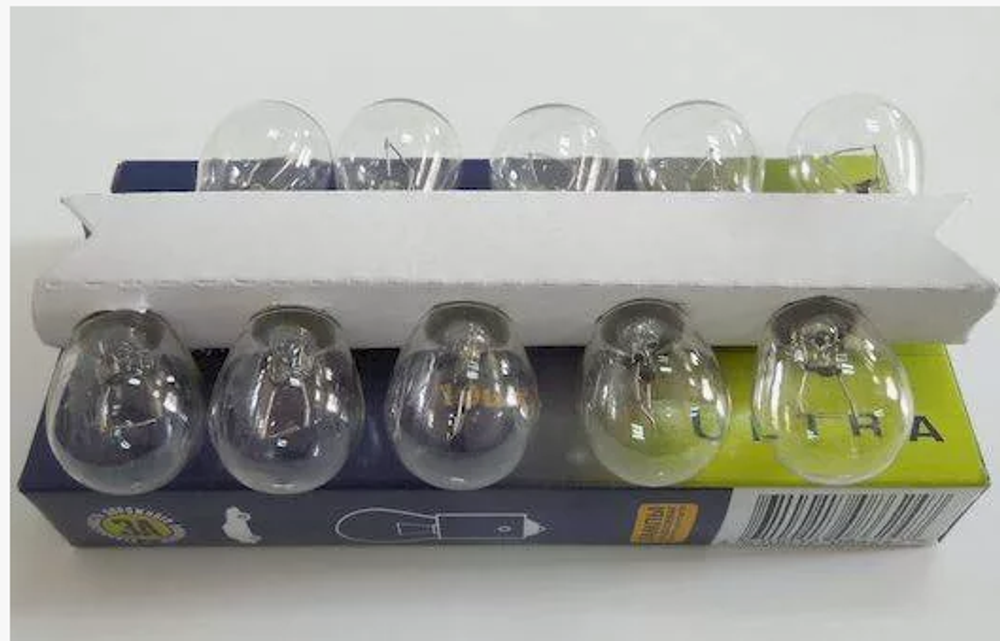 Автолампа  Р 12-21  (P21/3W)  в стопы 1-но конт БЕЛАЯ (смещен штифт) Маяк 81217\10 ULTRA