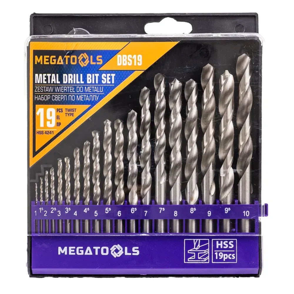 Сверла по металлу, набор 19пр. (1-10мм) MEGATOOLS MT-DBS19