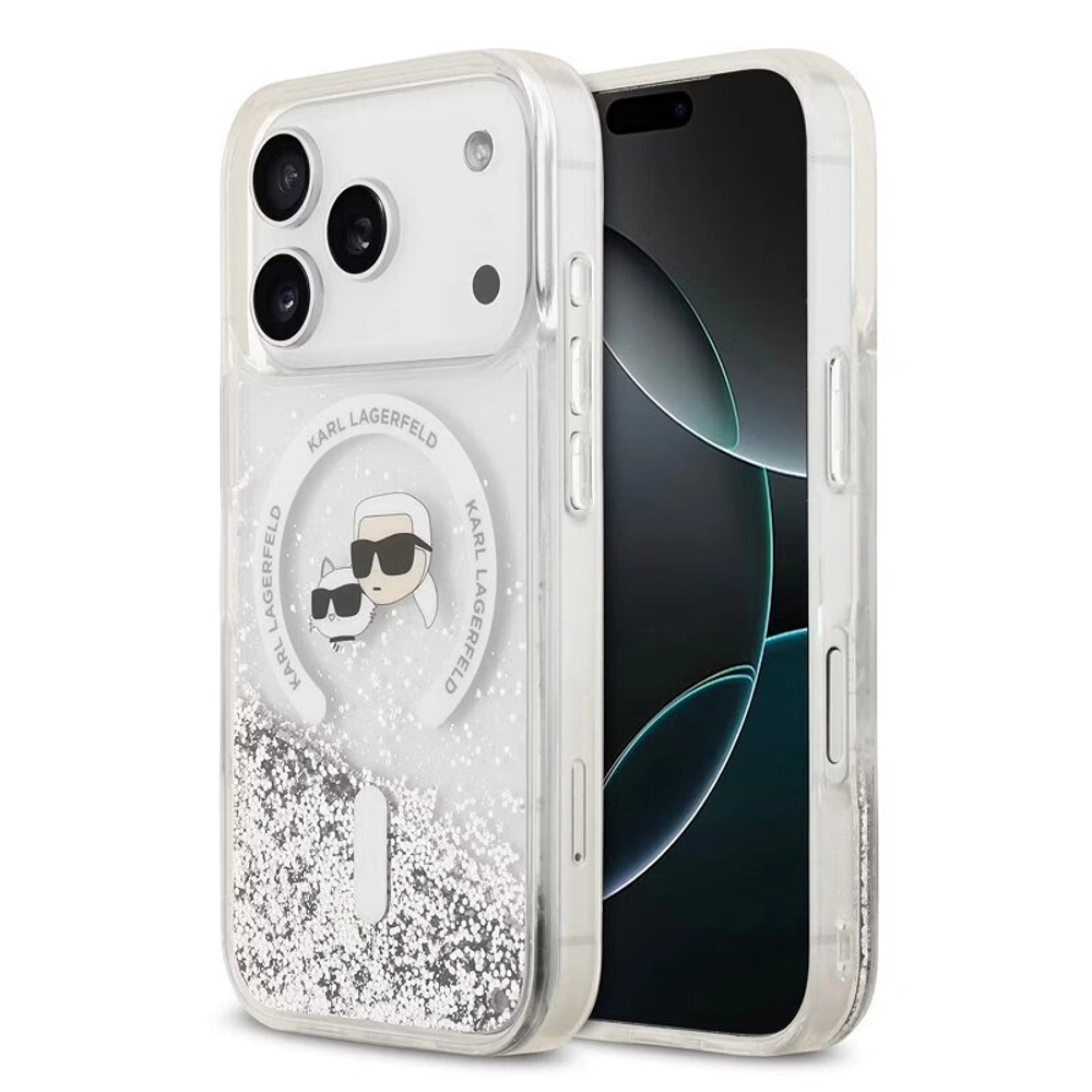 Чехол Lagerfeld для iPhone 17 Pro Max Liquid Glitter NFT Karl & Choup Heads Hard (MagSafe), Transparent (KLHMP17XLGKCSGH)