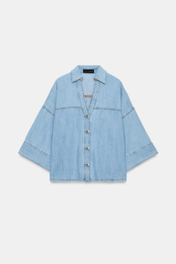 ZARA ДЖИНСОВАЯ РУБАШКА Z1975 С ШИРОКИМИ РУКАВАМИ, ВЫЦВЕТШИЙ СИНИЙ