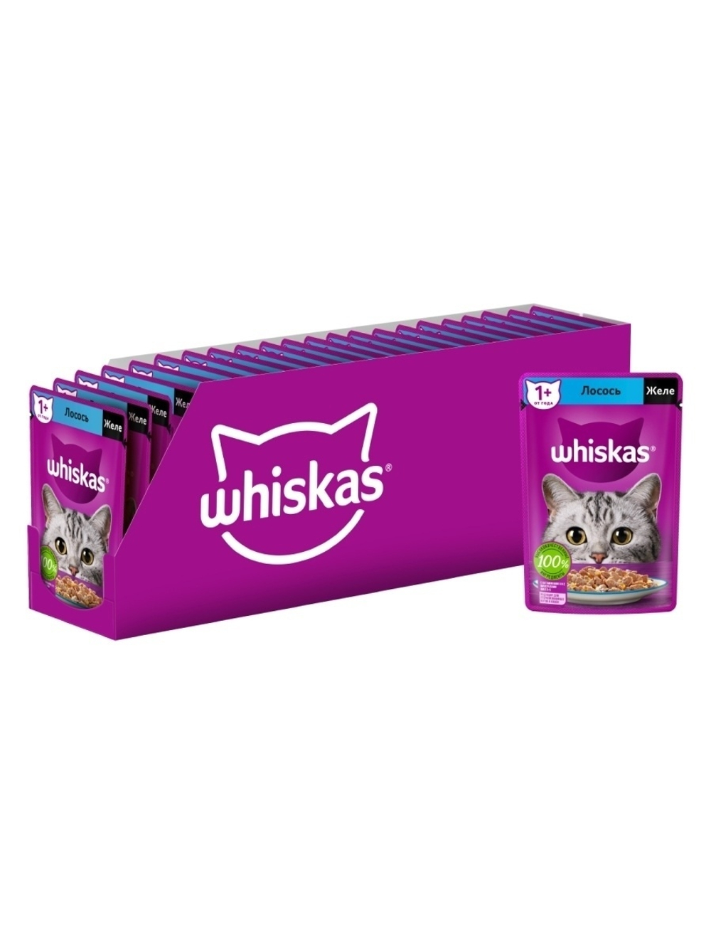 Влажный корм Whiskas для взрослых кошек, желе с лососем, 28 шт x 75 г