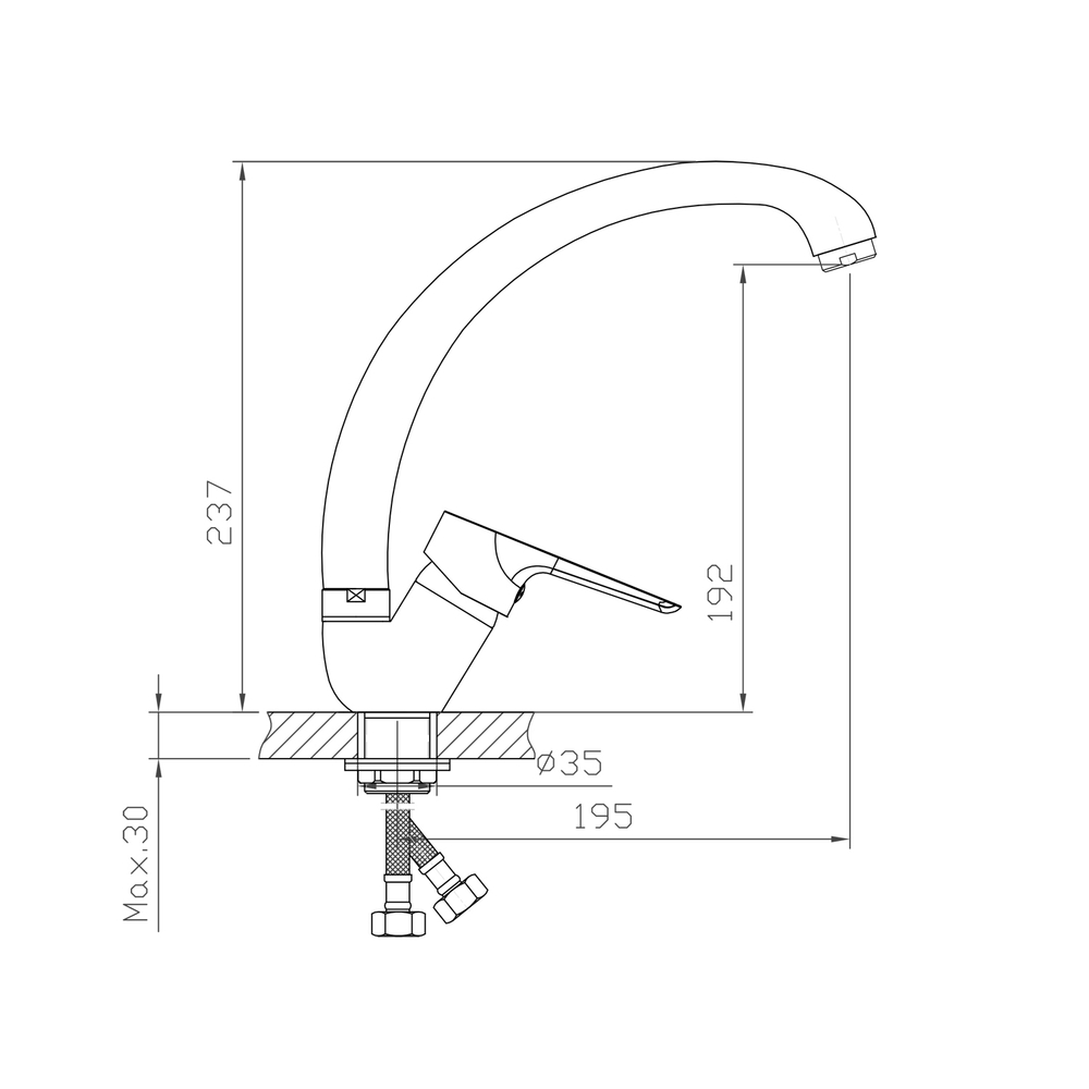 Смеситель для кухни 35k MIXLINE ML14-031GR высокий излив б/отв боковая п/гайку ГРАФИТ (без подводки)