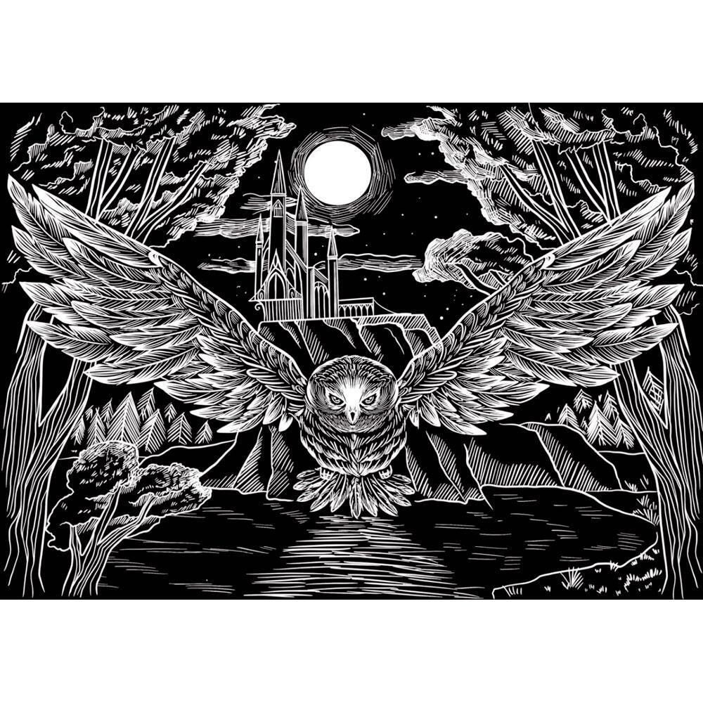 Гравюра А4 серебро, с ручкой "Мистическая сова" в пакет (Арт. Г-5905)
