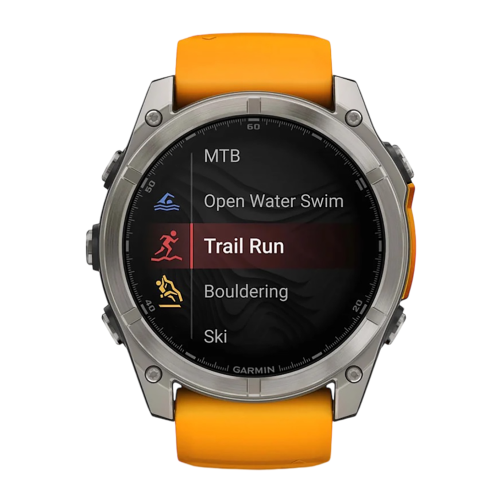 Спортивные часы Garmin fenix 8, 51 мм, AMOLED, титан, сапфир, силиконовый ремешок цвета «оранжевая искра»/графитовый Безель из титана, AMOLED-дисплей. Ремешок с классической застёжкой — на запястье обхватом 127–210 мм