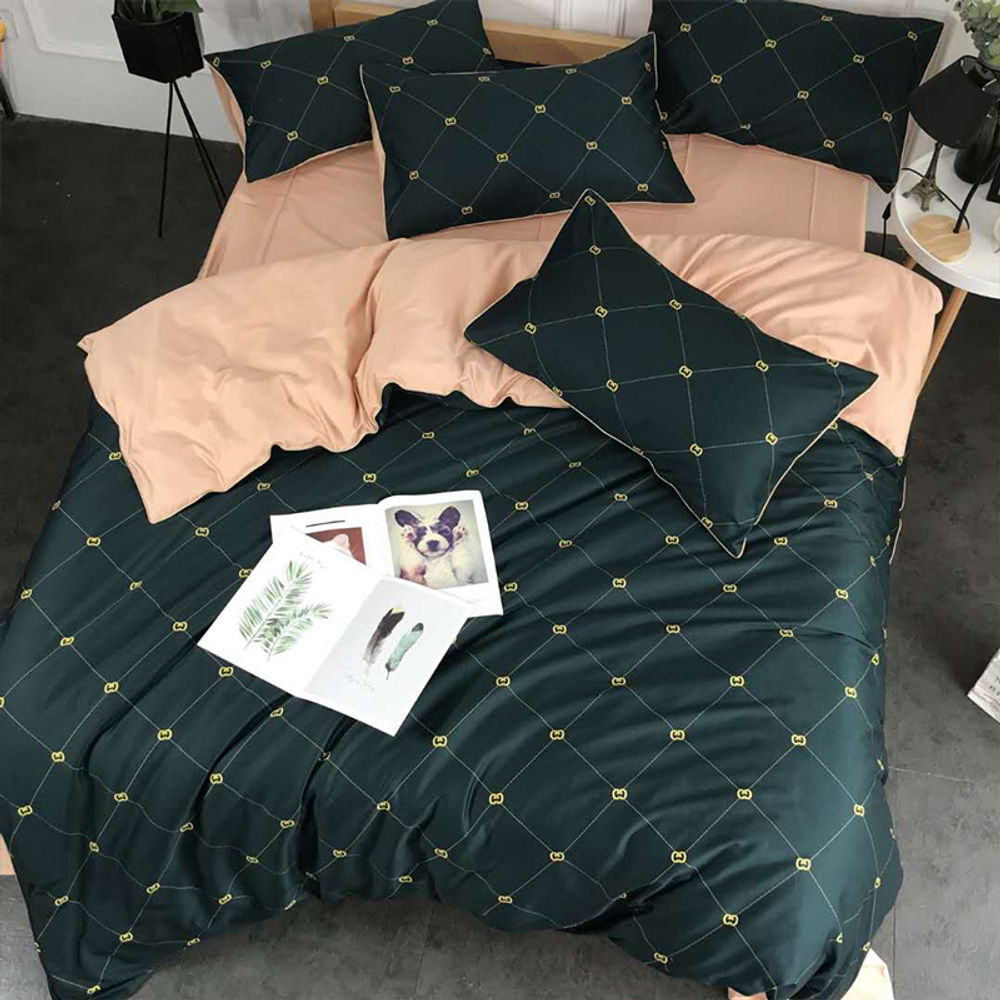 Постельное белье ЕВРО (двуспалка) Египетский Хлопок Зеленый на персиковом