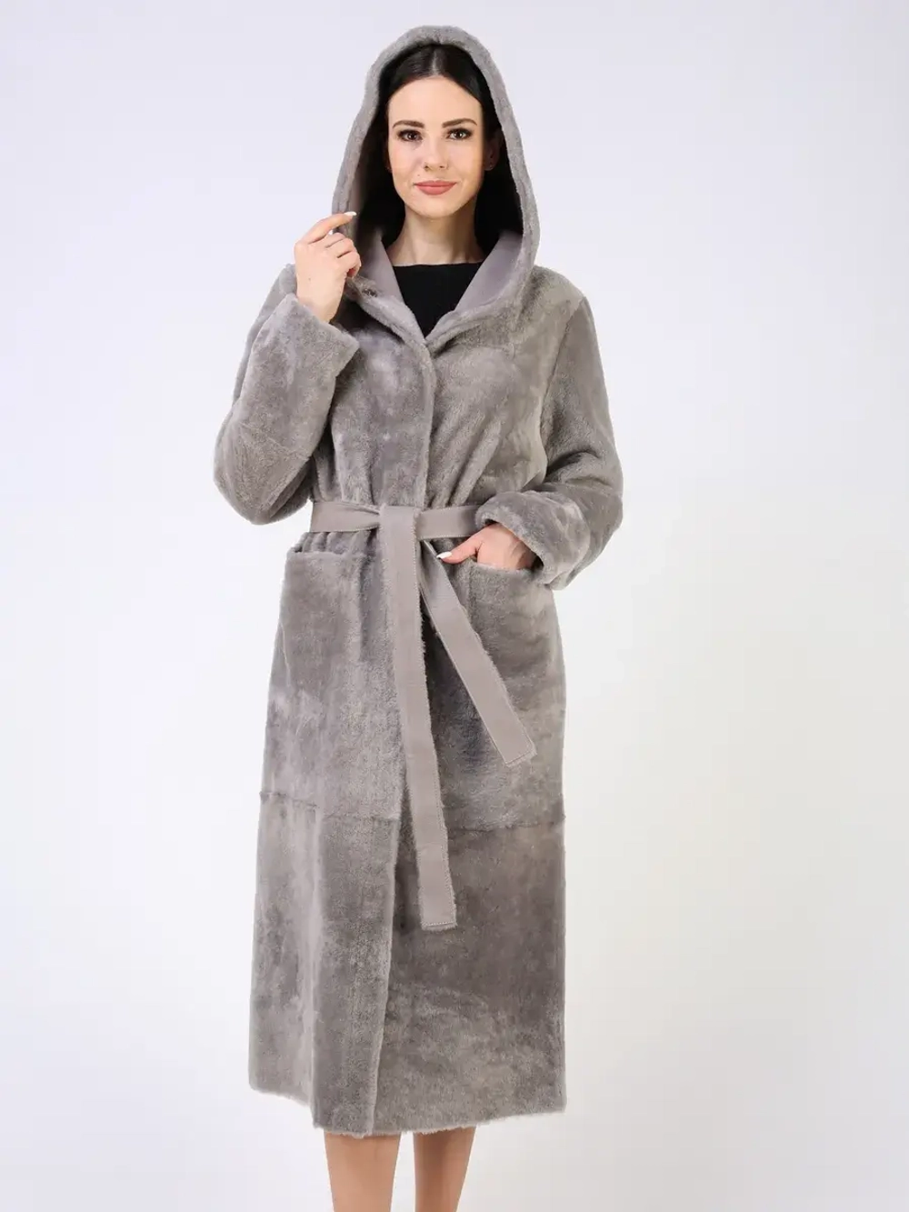 Дубленка зимняя шуба натуральная с капюшоном длинная