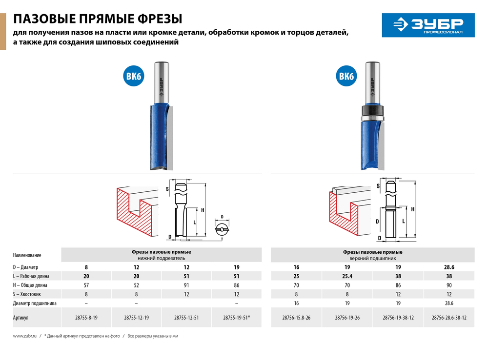 ЗУБР 15.8 x 25.4 мм, хвостовик 8 мм, фреза пазовая прямая с верхним подшипником, Профессионал (28756-15.8-26)