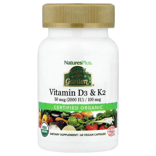 NaturesPlus, Source of Life Garden®, витамины D3 и K2, 60 веганских капсул