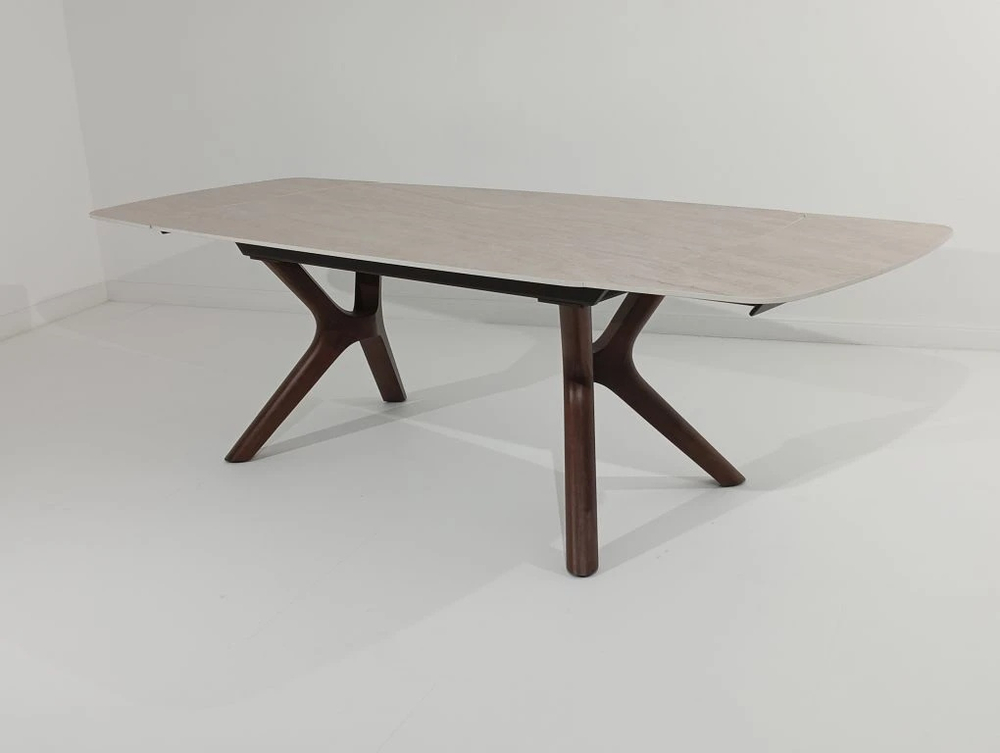 Стол КИРАН (KIRAN) 180 БЕЖЕВЫЙ МРАМОР (MATTE SICILY BEIGE SOLID CERAMIC) / Орех темный, ®DISAUR