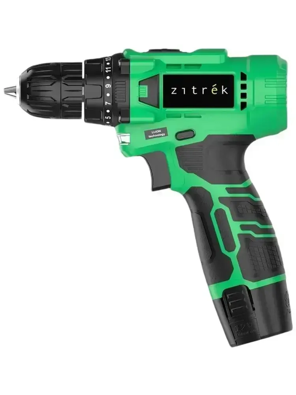 Дрель-шуруповерт аккумуляторная Zitrek Green Li Plus (12В, АКБ 1.5Ач и З/У, 850 об/мин, 24 Нм, реверс, подсветка) / электроинструмент / электродрель