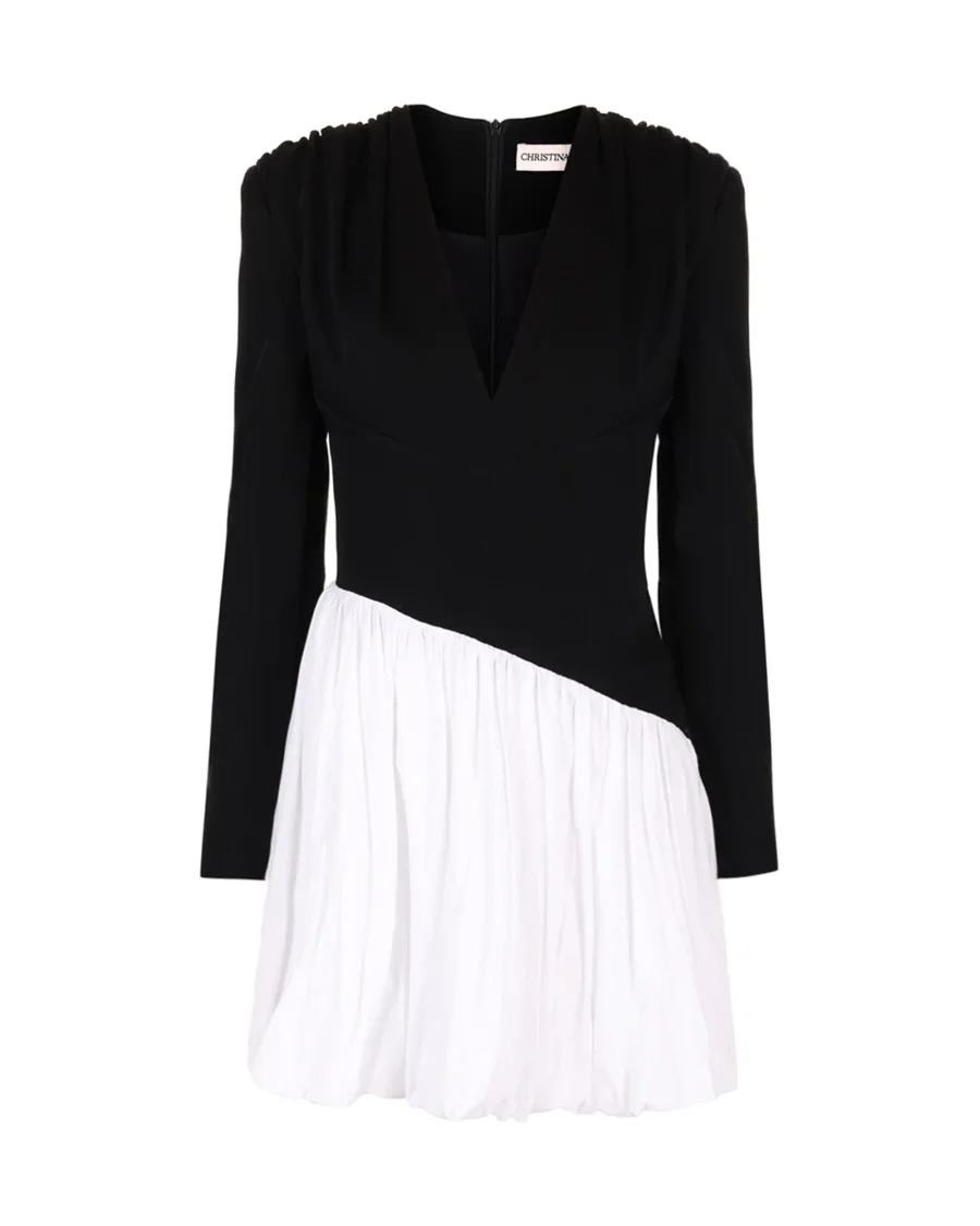 Платье-баллон с V-образным вырезом, Черно-белый