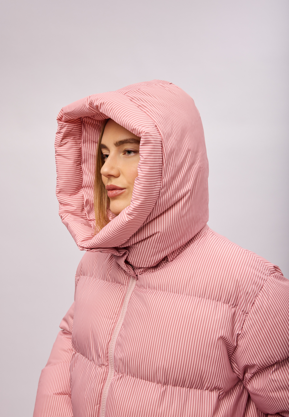 Пуховик Рокет миди розовый в полоску