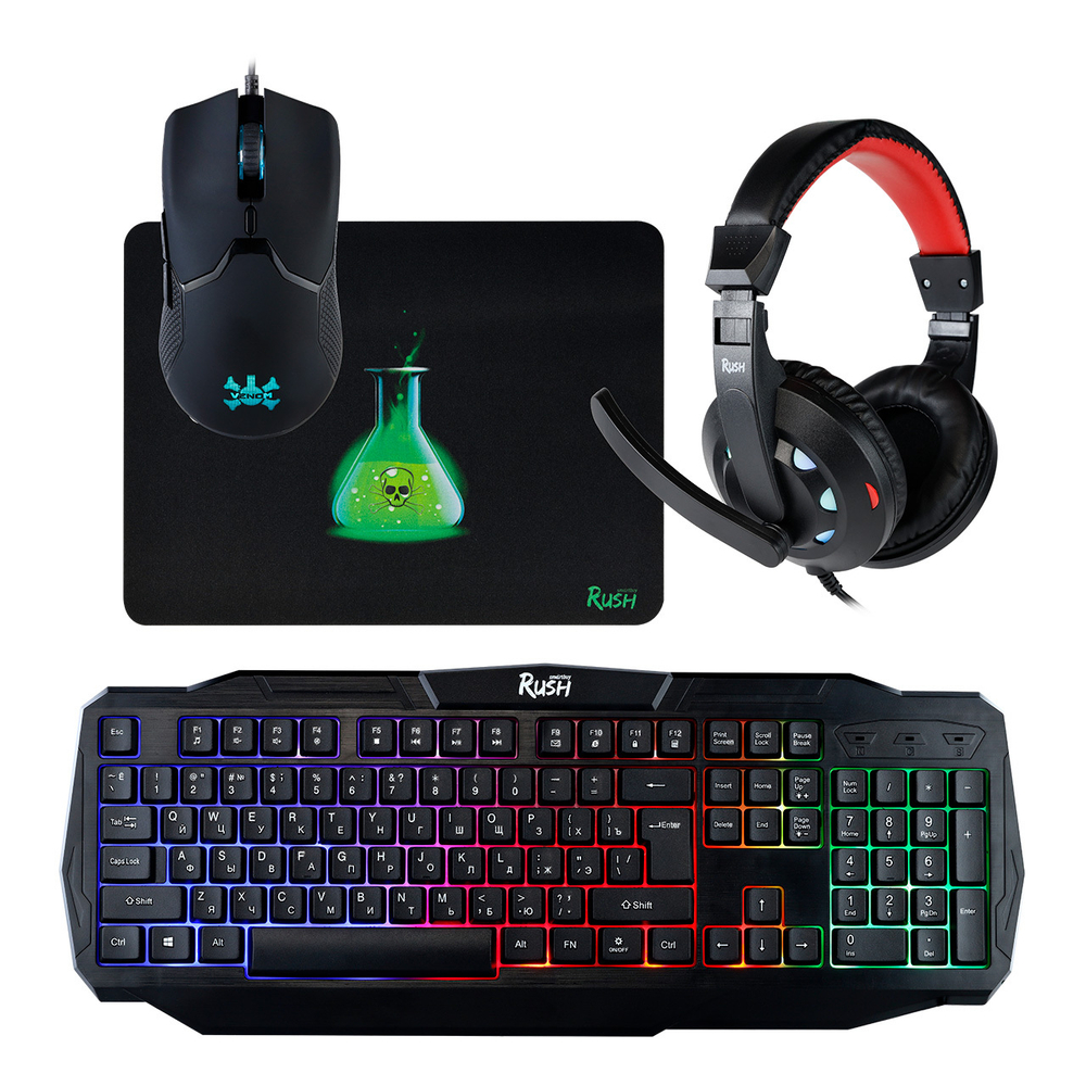 Набор игровой клавиатура+мышь+гарнитура+коврик SmartBuy RUSH Venom черный