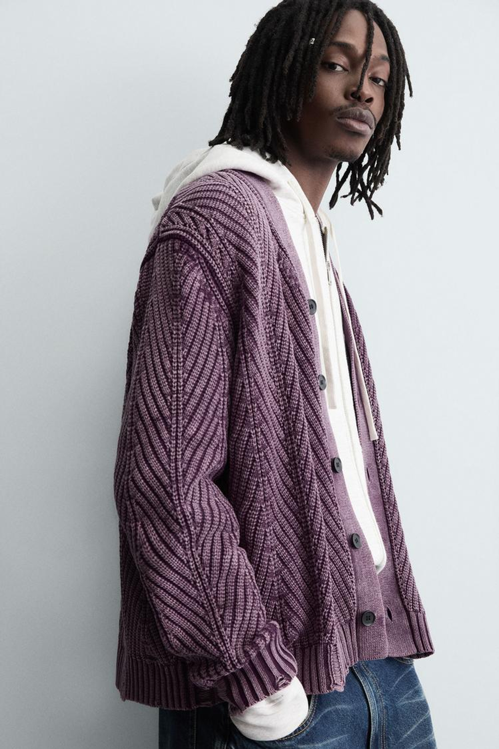 ZARA КАРДИГАН С РЕЛЬЕФНЫМ УЗОРОМ И ЭФФЕКТОМ ПОТЕРТОСТИ, СИРЕНЕВЫЙ