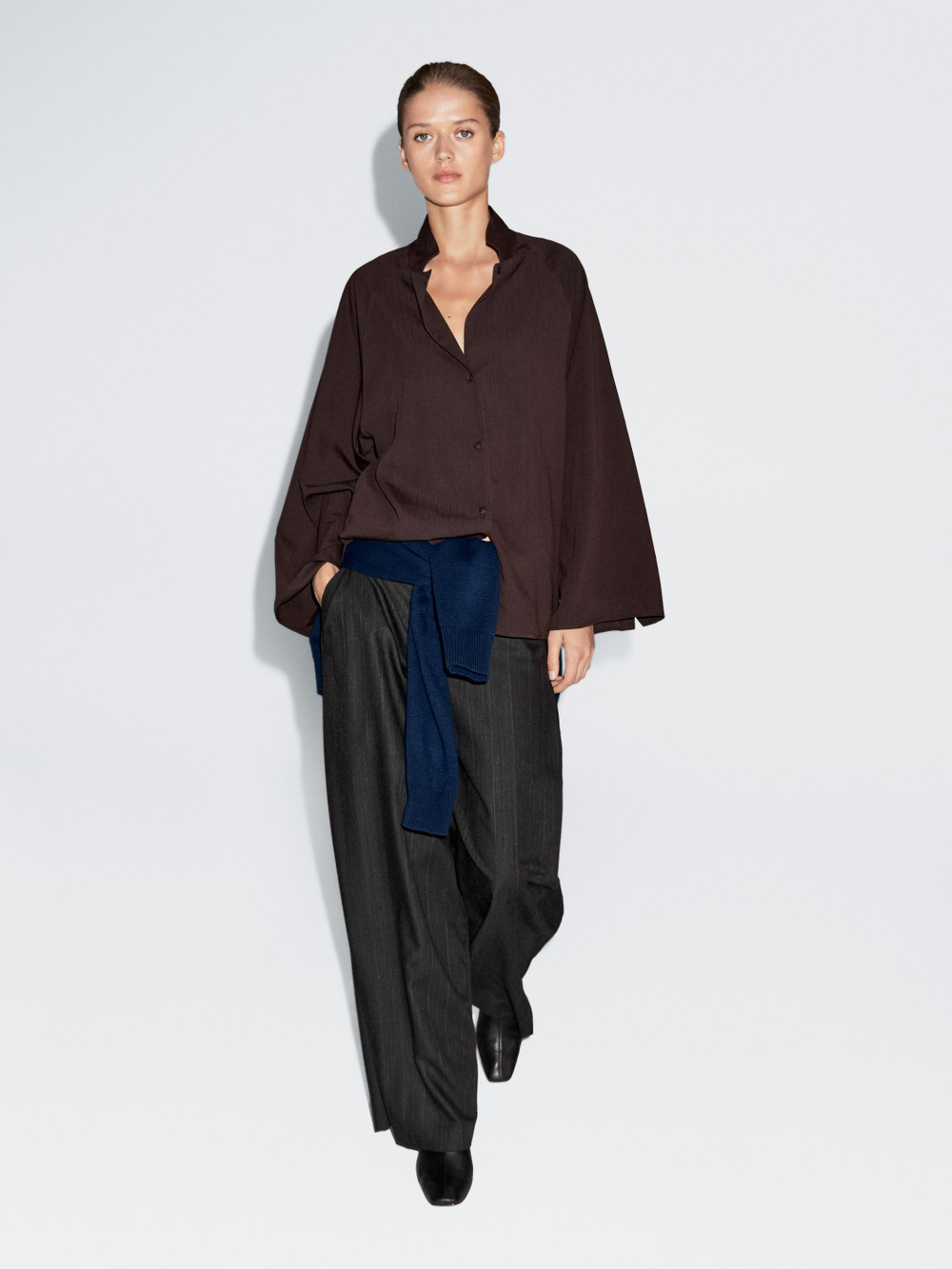 Massimo Dutti Широкие брюки из смесовой шерсти в полоску, темно-серый