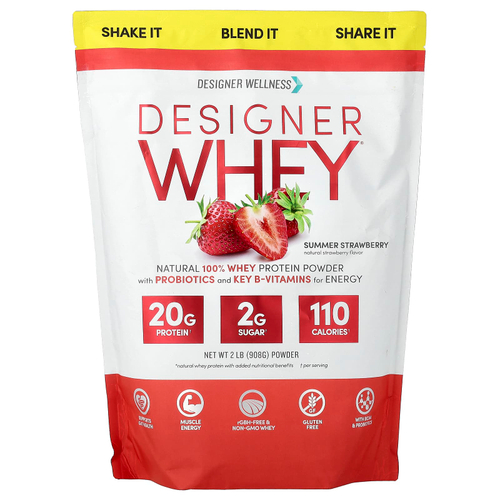 Designer Wellness, Designer Whey, натуральный 100% сывороточный протеин, со вкусом летней клубники, 908 г
