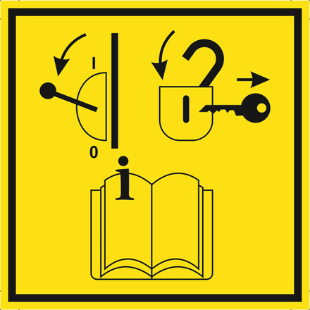 W43 При проведении монтажных и технических работ внутри и снаружи главный выключатель выключить, закрыть и ключи взять с собой