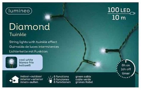 Светодиодная гирлянда с контроллером Алмазная россыпь 9.9 м., 220 V, 100 холодных белых LED ламп, зеленый ПВХ провод, Kaemingk (490501)