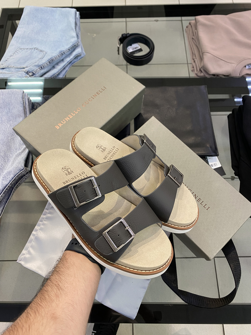 Тапочки BrunelloCucinelli нат.кожа #7701 (т.-сер.)