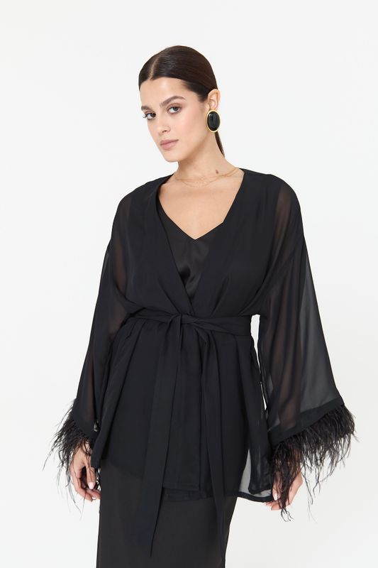 Накидка из шифона с перьями, черный