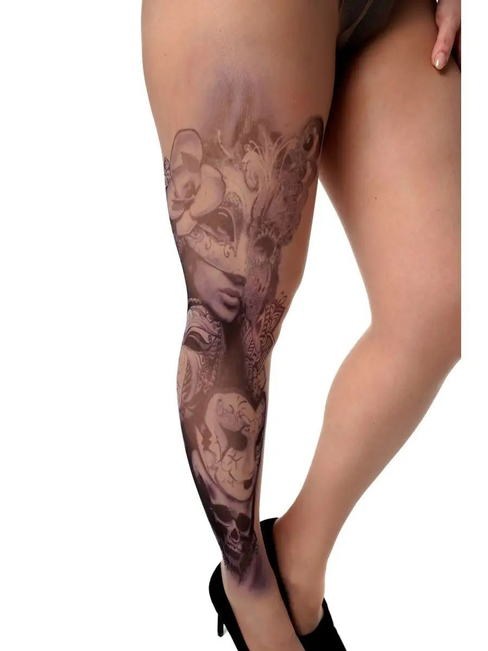 Колготки +size с принтом в виде девушки в маске (Размер: XL-XXL-XXXL) (Цвет: бежевый)