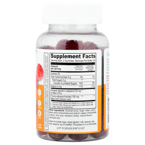 Lifeable, пробиотик с пребиотической клетчаткой для детей, жевательный вкус, с ягодным вкусом, 60 жевательных таблеток