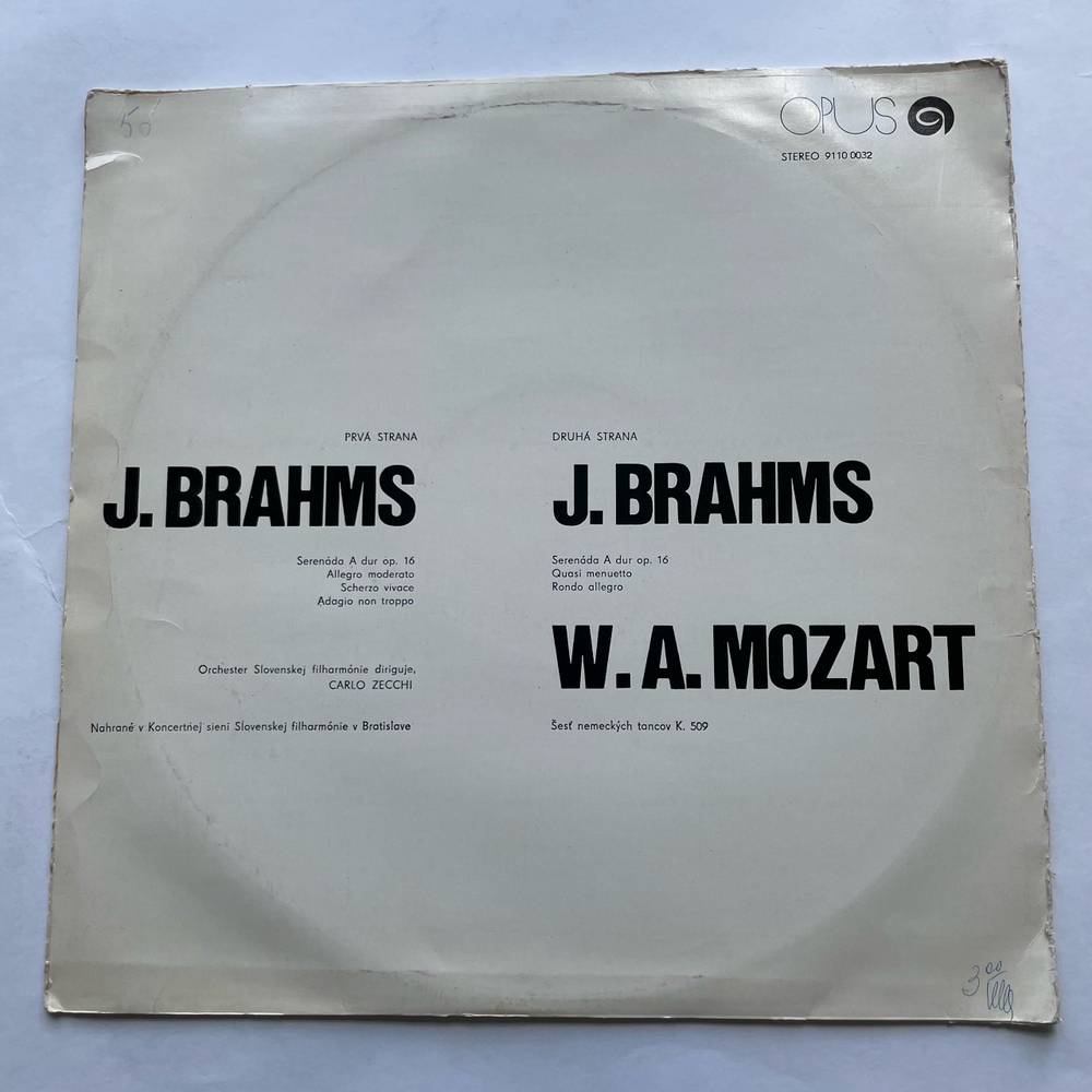 Винтажная виниловая пластинка LP Карло Цекки Carlo Zecchi, Моцарт, Брамс, W. A. Mozart, J. Brahms Sest Nemeckych Tancov / Serenada Pre Orchester (Чехословакия 1972)