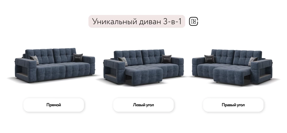 Диван Босс ХО Велюр Роял синий/камень – прямой диван премиум-класса с механизмом Танк