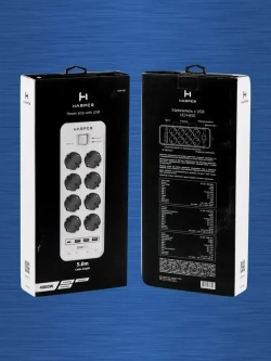 Сетевой фильтр с предохранителем HARPER UCH-650, 8 розеток, 3 USB + 1 type-C с поддержкой power delivery, кабель 5 метров, 4000 Вт, 16А, белый