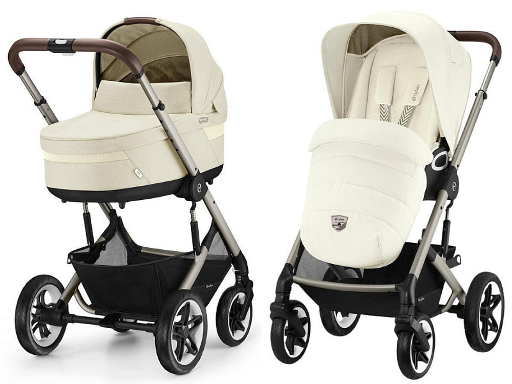 Коляска Cybex Talos S Lux TPE complete Aton B2 Volcano Black 3 в 1 Seashell Beige с дождевиками