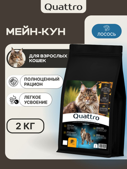Корм сухой для взрослых кошек породы Мейн-кун, с лососем, 2 кг, QUATTRO