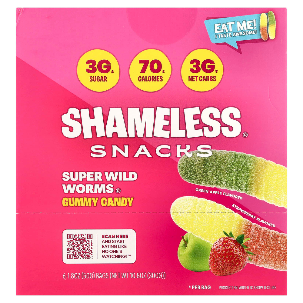 Shameless Snacks, Жевательные конфеты Super Wild Worms®, зеленое яблоко и клубника, 6 пакетиков по 50 г (1,8 унции)