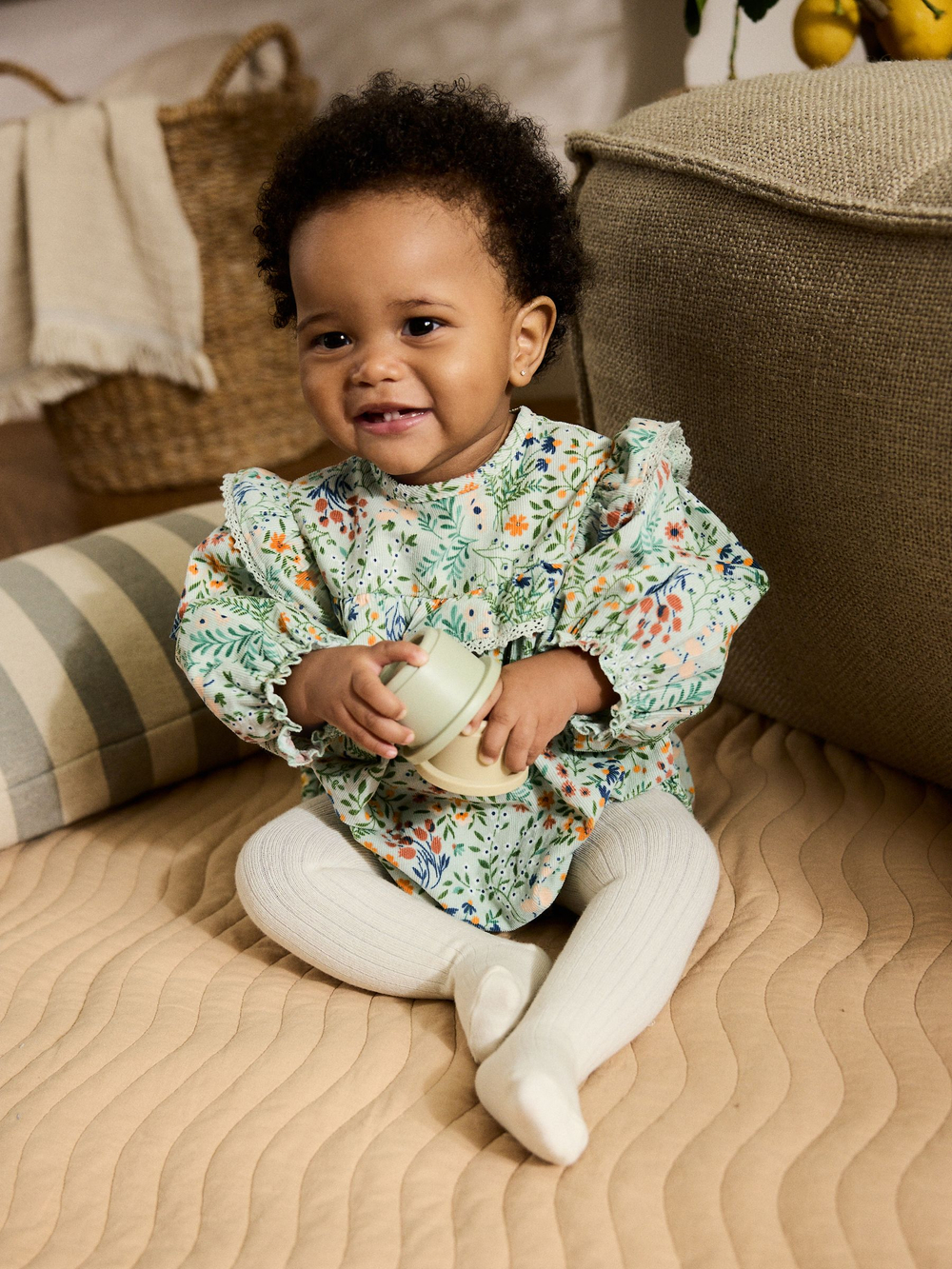 Платье-песочник и колготки в комплекте для девочек Next AN7-953, Светло-зеленый, Молочный