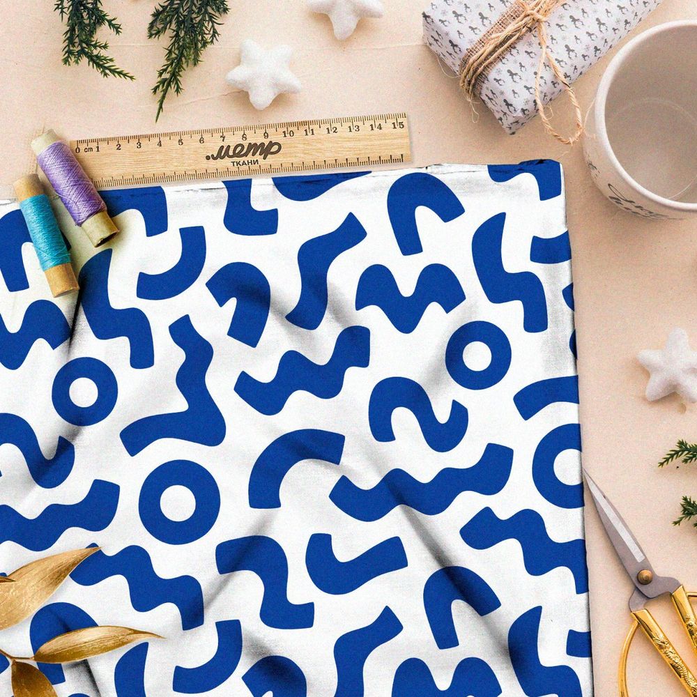 Ткань Барби синие мазки на белом