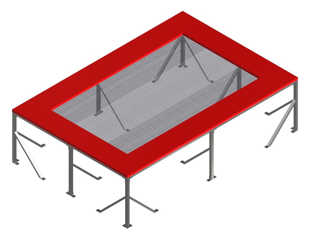 Батутная арена на стойках - рамы батутов со стойками, сетками, пружинами, матиками - чертеж
