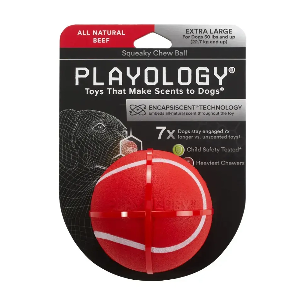 Playology squeaky chew ball жевательный мяч для собак средних и крупных пород с пищалкой и с ароматом говядины, 8 см, красный