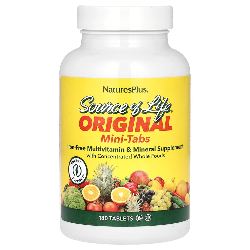 NaturesPlus, Source of Life, оригинальные мини-таблетки, добавка с мультивитаминами и минералами с концентрированными цельными продуктами, без железа, 180 таблеток