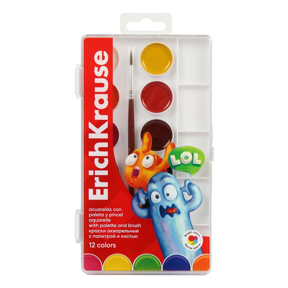 Краски акварельные 12 цветов с палитрой и кистью "Jolly Friends" (ErichKrause)