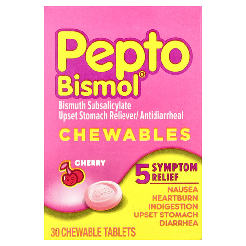 Pepto Bismol, Chewables, вишня, 30 жевательных таблеток (131 мг в 1 таблетке)