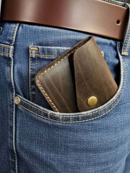 Картхолдер из натуральной кожи на кнопке (тёмно-коричневый)