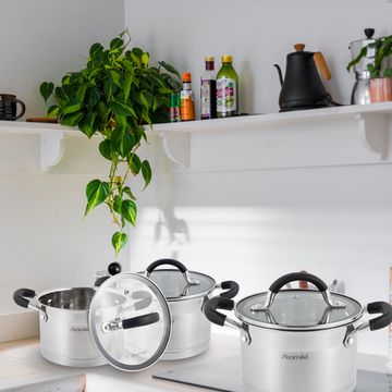 Набор кастрюль 6 предметов из нержавеющей стали Kamille KM 5752 (2,0 л; 2,7 л; 3,7 л) с силиконовыми вставками на ручках