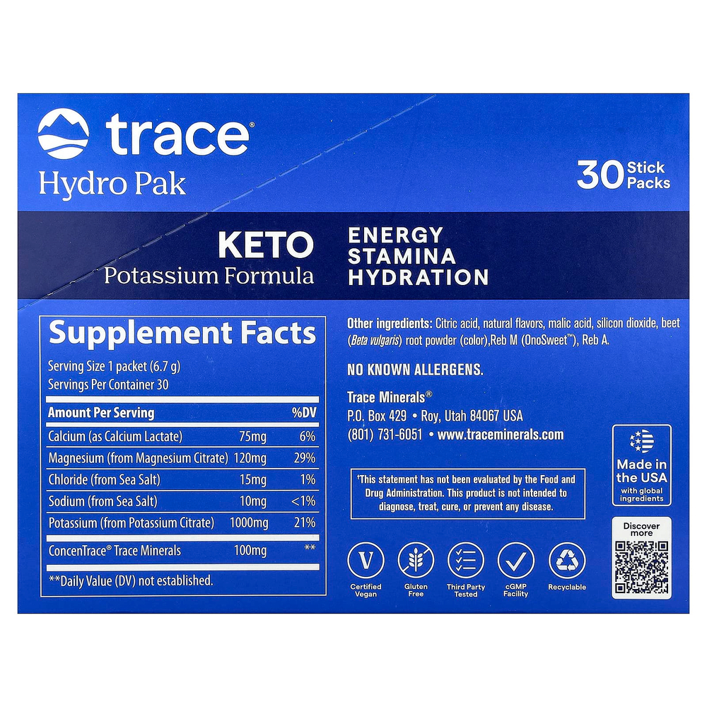 Trace, Hydro Pak Keto, со вкусом клубничного лимонада, 30 стик-пакетов по 6,7 г (0,24 унции)