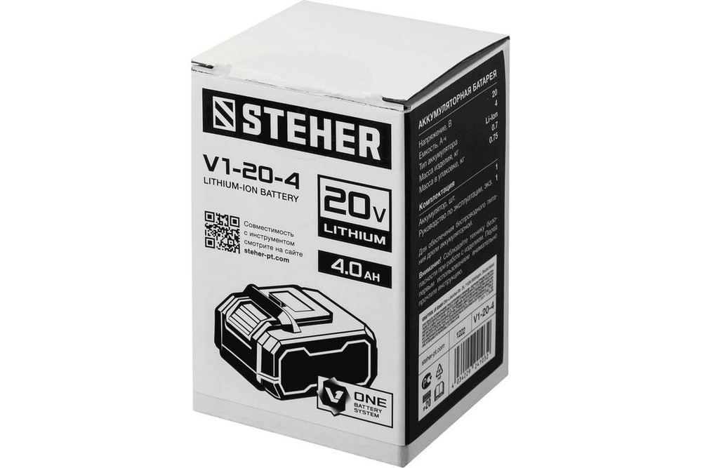 Аккумуляторная батарея STEHER 20В, 4 Ач, Li-Ion тип V1 V1-20-4