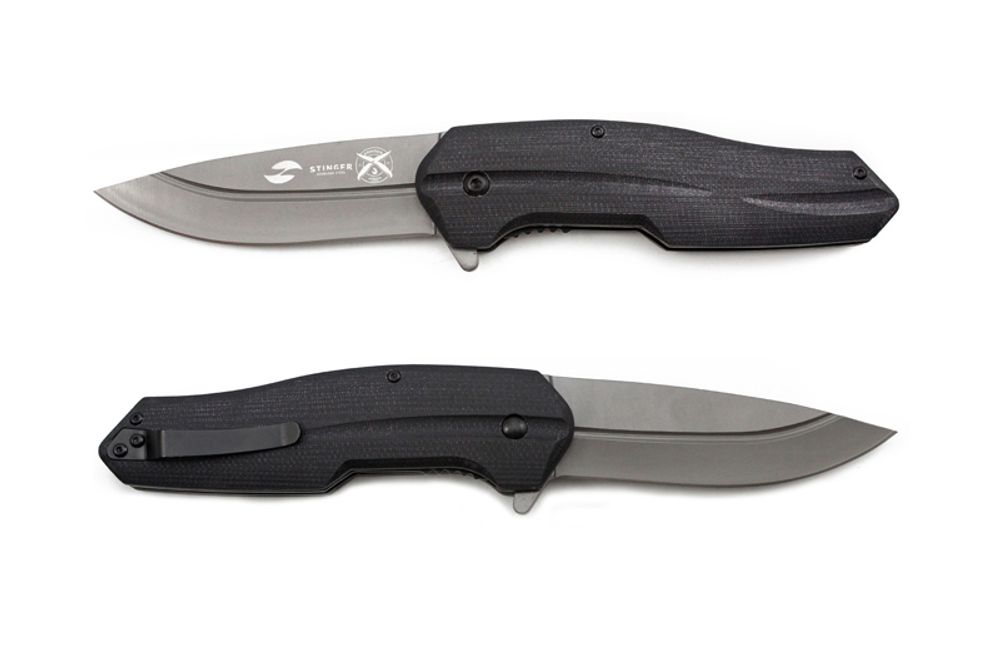 Нож складной Stinger, 130 мм, рукоять: нержавеющая сталь, (чёрный), с клипом, подарочная коробка